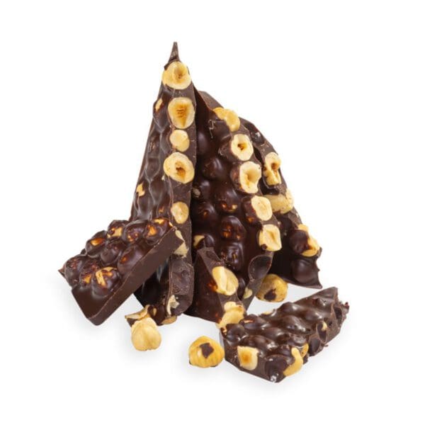 Indulgent Whole Hazelnuts Slab dark chocolate bar with glazed hazelnuts infused with local honey and vanilla essence, presenting a harmonious blend of rich chocolate and nutty crunch