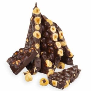 Indulgent Whole Hazelnuts Slab dark chocolate bar with glazed hazelnuts infused with local honey and vanilla essence, presenting a harmonious blend of rich chocolate and nutty crunch
