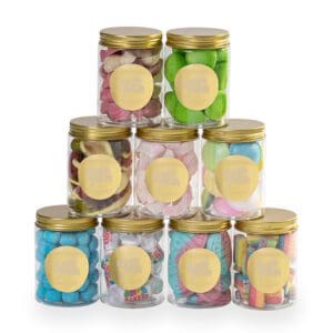 Customizable 300ml tub with a gold lid, offering a choice from 55+ high-quality Pick & Mix candies, ranging from classic Milk Teeth to tangy Sour Dummies. Suitable for various dietary preferences including dairy-free, gluten-free, and vegan. A personalized candy experience ideal for gifting or personal indulgence.