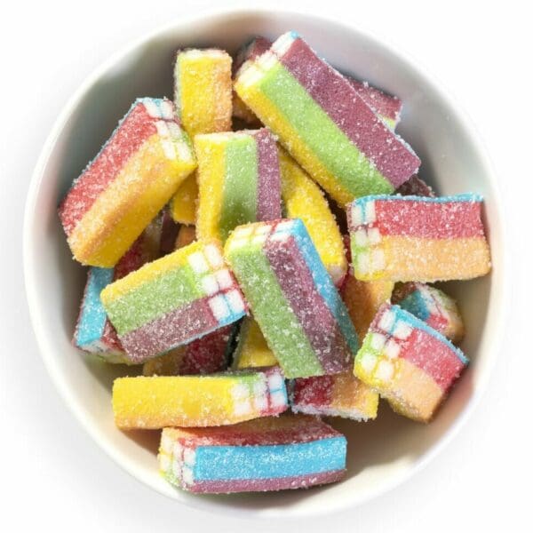 Rainbow Fizzy Bricks. available as a customisable product, making up a pick and mix box or bag. Delivery nationwide.