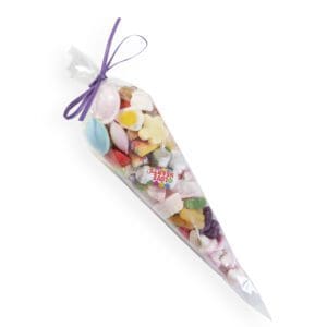 A cone shaped bag with our best-selling pick and mix candies. Wrapped with a colourful bow for celebration. The perfect small gift for someone.