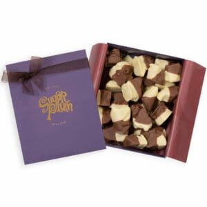 Elegant Honeycomb Gift Box containing homemade honeycomb pieces dipped in rich milk and white chocolate, handcrafted by Master Chocolatiers.