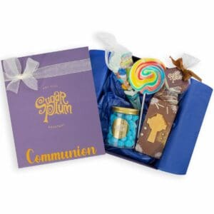 Our Blue-themed Communion gift box is a perfect treat to celebrate a First Holy Communion. Filled with delicious handmade chocolate and pick and mix classics, its is an amazing premium gift. Delivery available nationwide from our online sweetshop.
