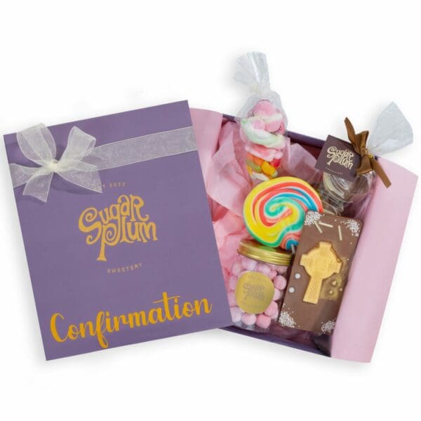 Our Pink Confirmation gift Box is a most delightful way to celebrate a confirmation. It contains a chocolate bar, a jar of pink bon-bons, a lollipop, and a pick and mix cone. Delivery available nationwide from our online sweetshop.