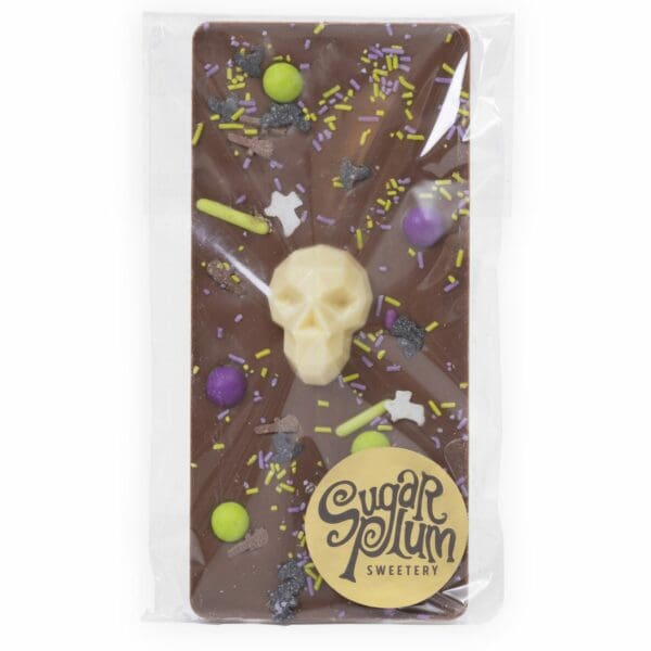 Delicious homemade chocolate with a spooky skull decoration.