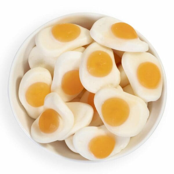 Fried Egg Foam Gummies. Available as a customisable product as part of a pick and mix bag or box. Delivery nationwide from Irish online sweetshop.