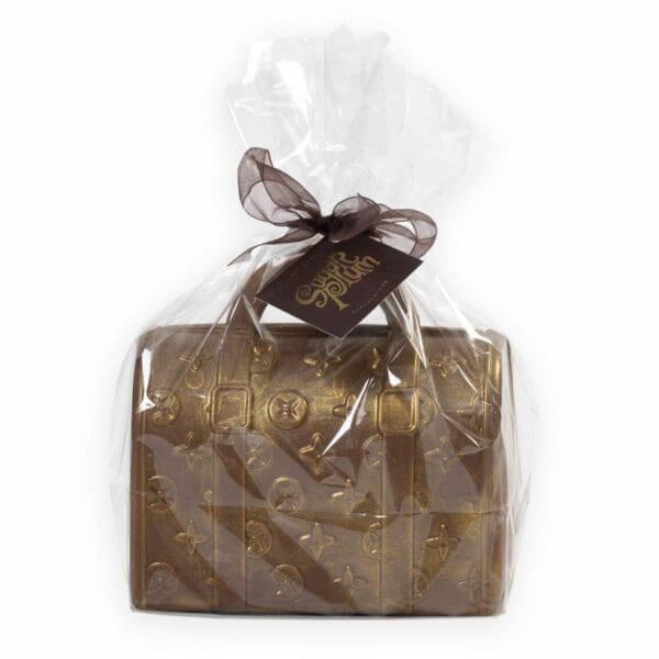 This luxurious chocolate handbag is coated in a gold dust leaving a sheen of class upon the chocolate.