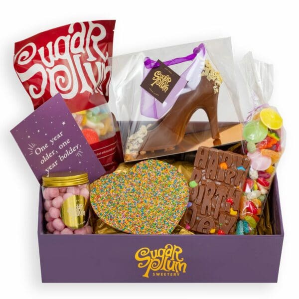 Our Elegant Birthday Hamper is full of delicious confectionary delights such as our famed chocolate shoe and the classic pick and mix cone. Delivery available nationwide.