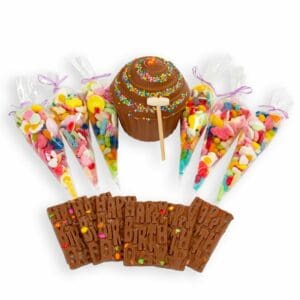 The Birthday Bonanza gift pack, a 6 set of birthday bars and pick and mix cones with our signature Chocolate Bash Cake. This product is a perfect addition for birthday parties and celebrations. Delivery available nationwide.