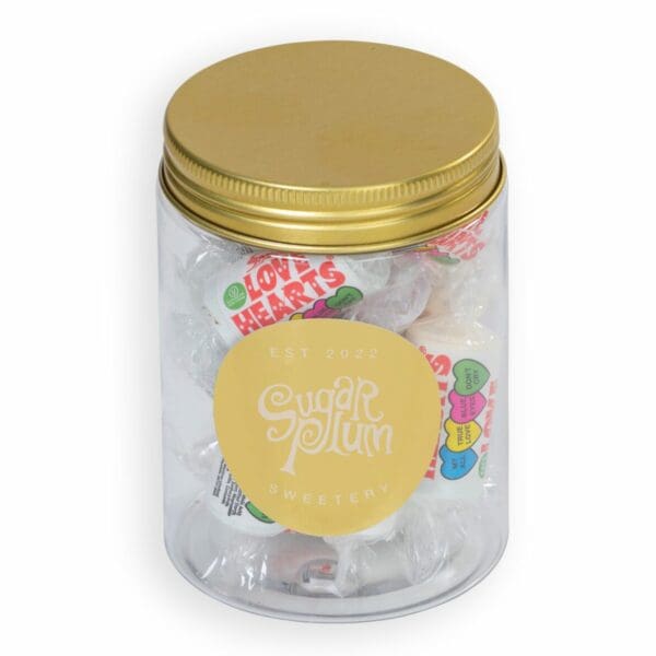 A jar of traditional love hearts sweets. A perfect small gift for Valentine's Day. Delivery available nationwide from our online sweetshop.