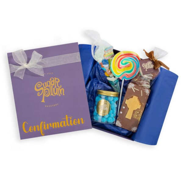 Our blue-themed confirmation box, full of delicious handmade chocolate and pick and mix sweets.