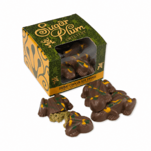 Dubai Frogs filled with pistachio cream, tahini and crispy kataifi pastry in smooth milk chocolate from Sugar Plum Sweetery
