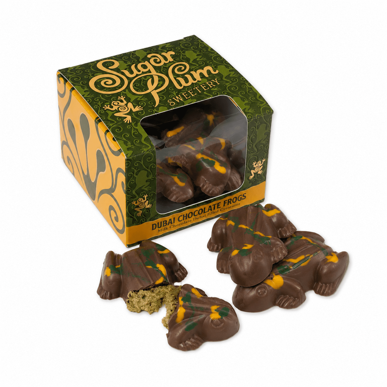 Dubai Frogs filled with pistachio cream, tahini and crispy kataifi pastry in smooth milk chocolate from Sugar Plum Sweetery