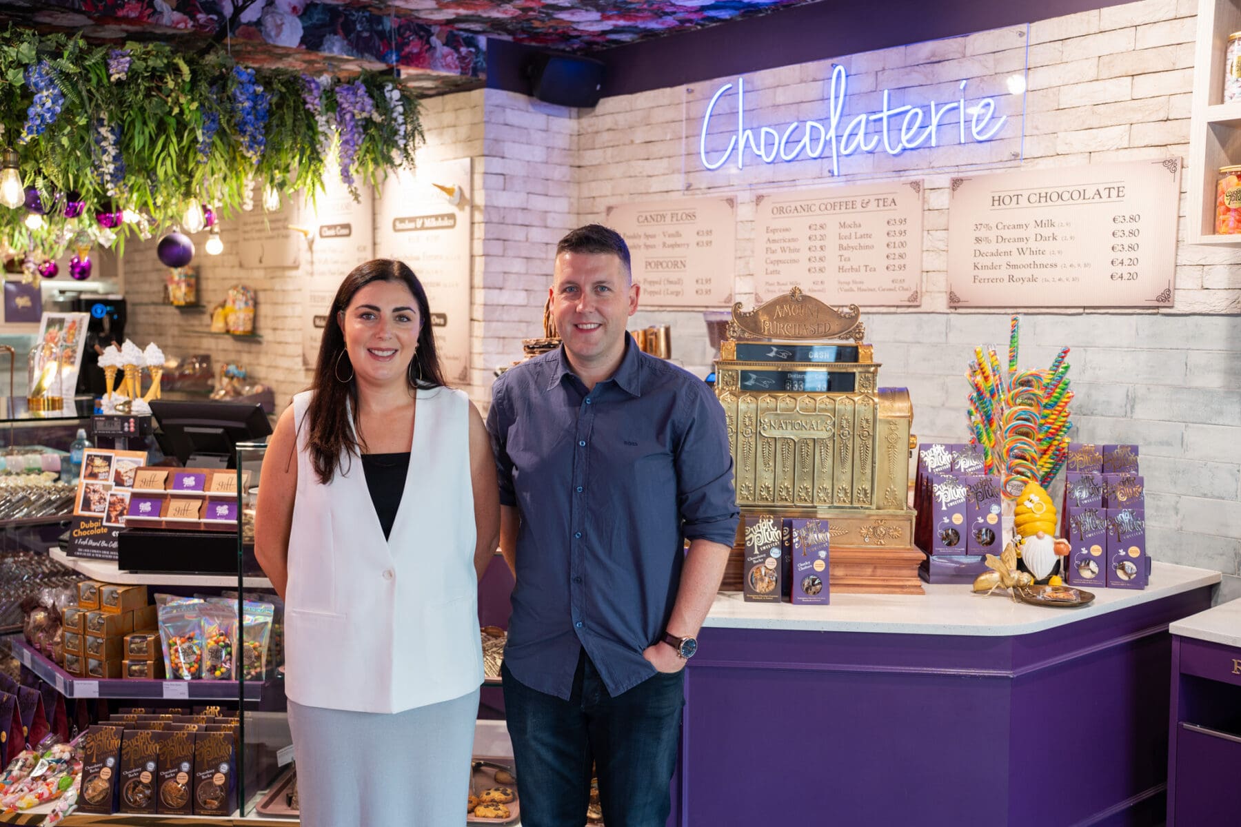 Denise and David, the founders, at the Chocolaterie counter in Mullingar