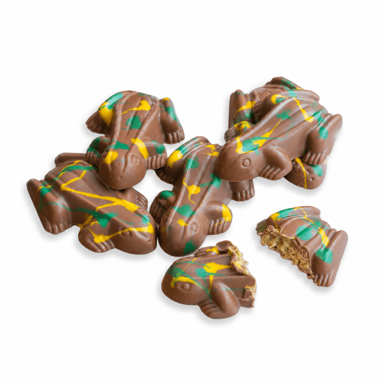 Dubai Frogs filled with pistachio cream, tahini and crispy kataifi pastry in smooth milk chocolate from Sugar Plum Sweetery
