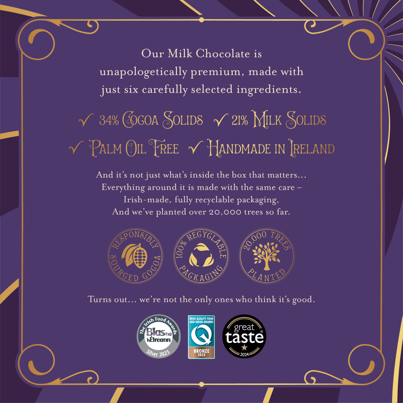 Premium Irish handmade milk chocolate chocolatier with no palm oil free, 34% cocoa solids, sustainable cocoa and recyclable packaging