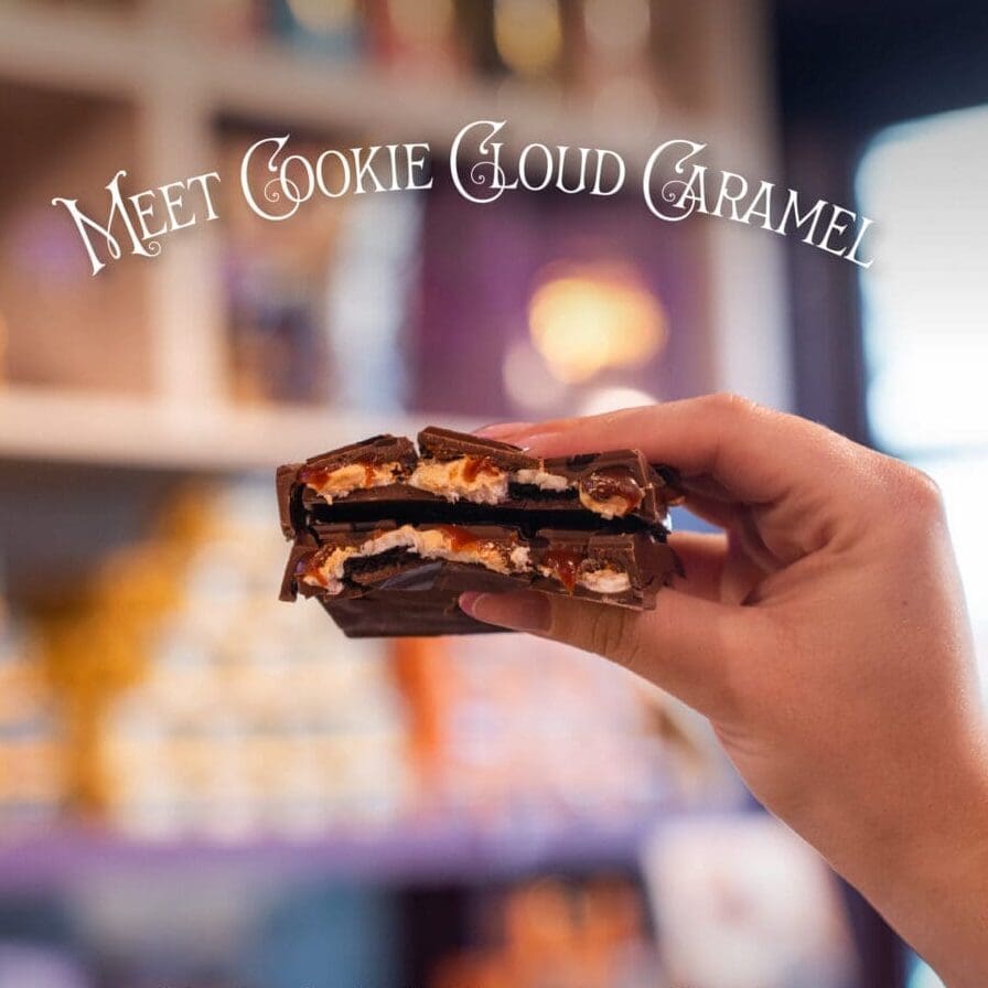 Cookie Cloud Caramel Bar with creamy caramel, crunchy biscuit pieces and smooth milk chocolate from Sugar Plum Sweetery