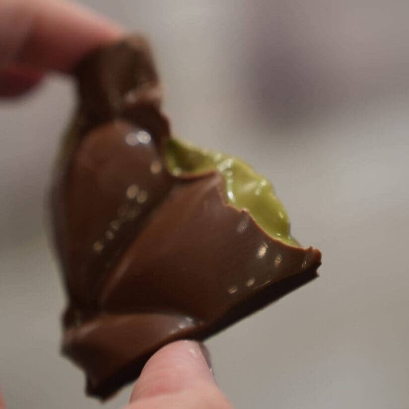Pistachio Cream Chocolate Bar with creamy pistachio filling and milk chocolate from Sugar Plum Sweetery