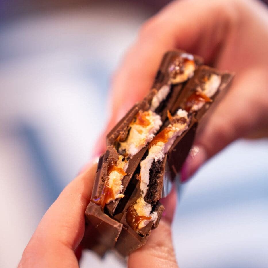 Cookie Cloud Caramel Bar with creamy caramel, crunchy biscuit pieces and smooth milk chocolate from Sugar Plum Sweetery