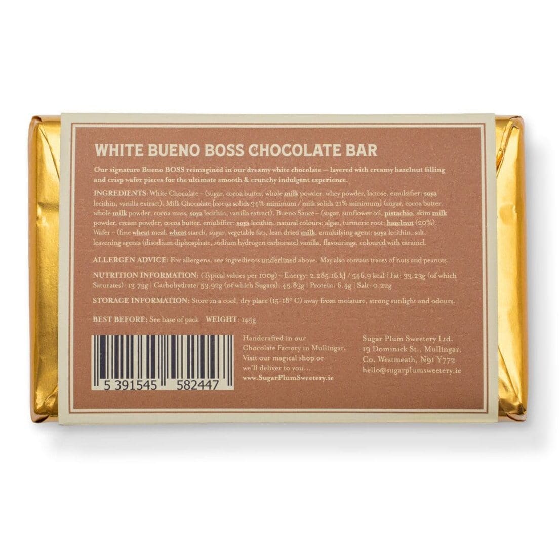 Indulgent white chocolate Bueno bar packed with hazelnut cream and crunchy wafer, perfect gourmet chocolate gift
