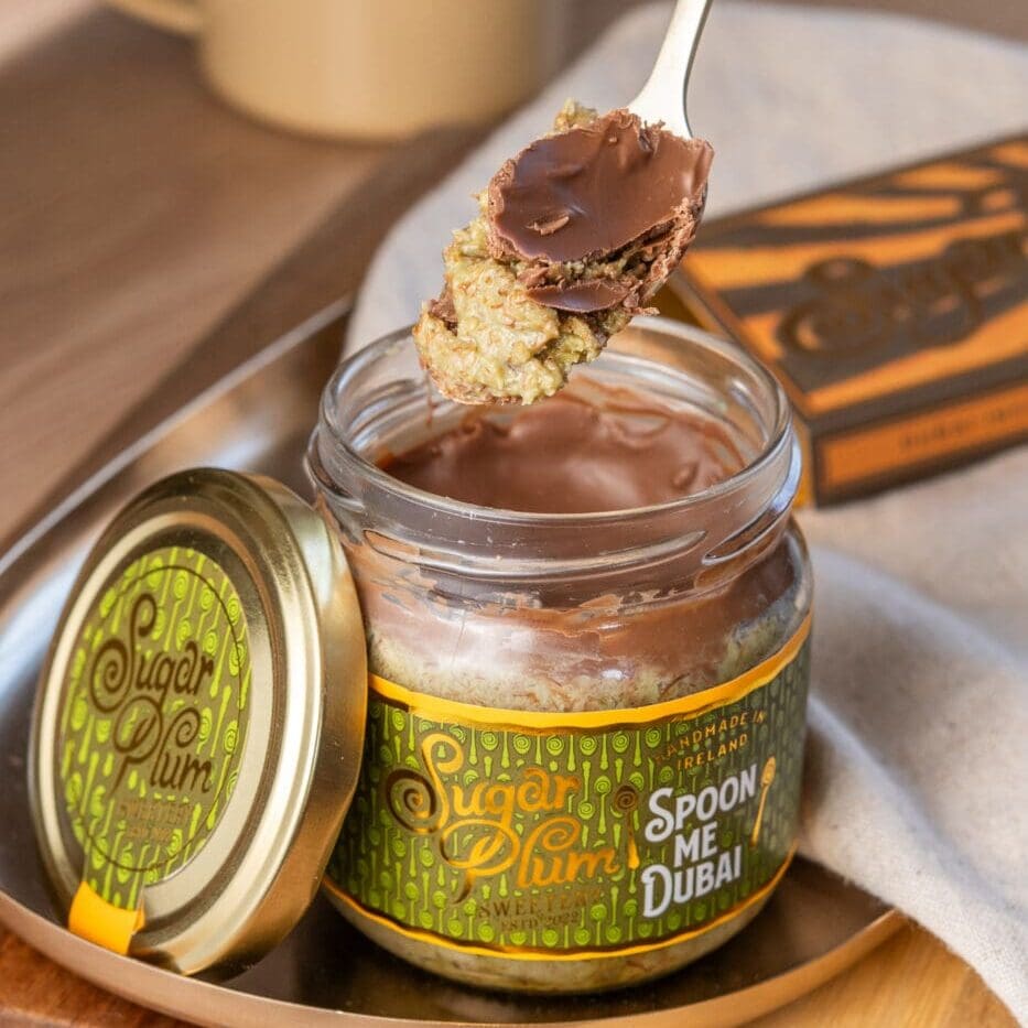 Spoon Me Dubai layered chocolate dessert with pistachio cream, crispy kataifi pastry and premium chocolate from Sugar Plum Sweetery