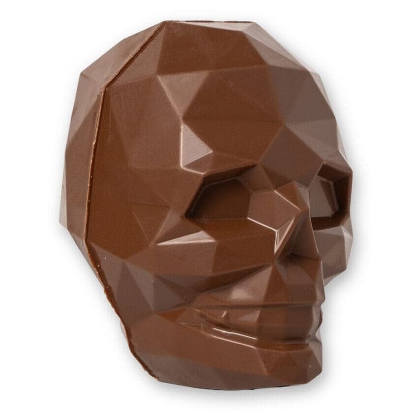 Close-up detail of the Halloween Bash Skull chocolate confection from Sugar Plum Sweetery