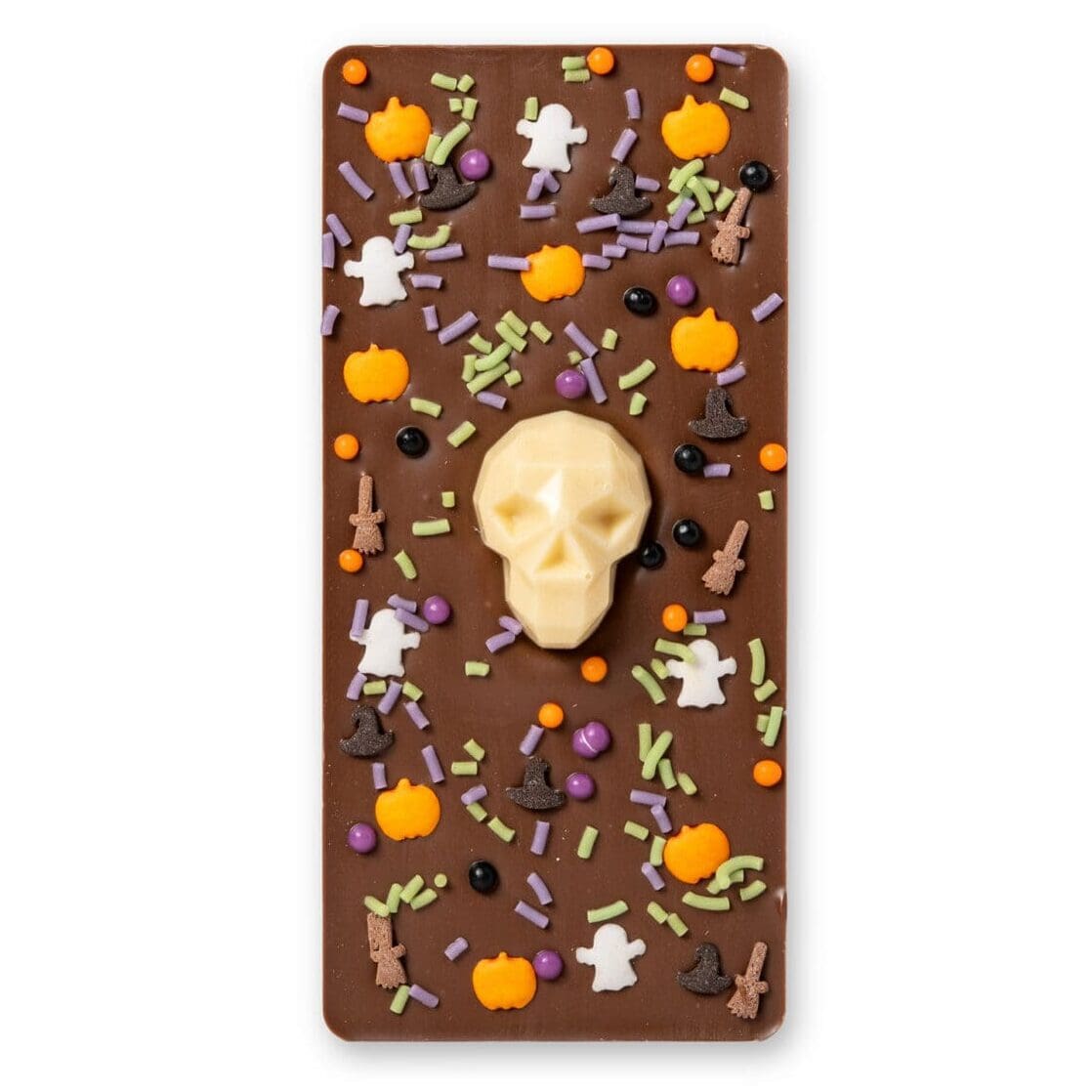 Close-up of Sugar Plum Sweetery Halloween chocolate with pumpkin, ghost and witches hat decorations