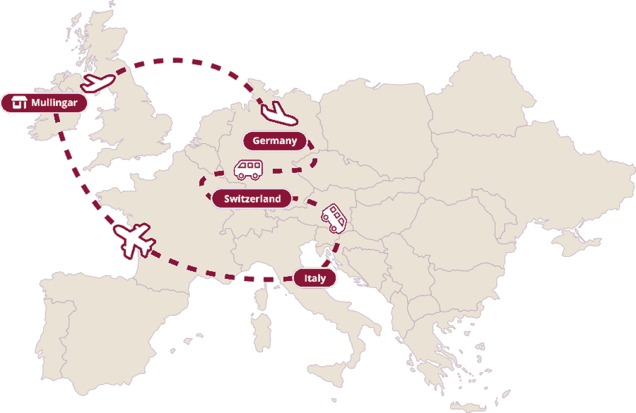 Map of our travels: from Mullingar to Germany, Switzerland and Italy